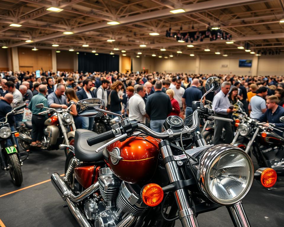 A bustling motorcycle auction hall, illuminated by warm lighting and filled with anticipation. In the foreground, a well-maintained motorcycle takes center stage, its sleek lines and gleaming chrome beckoning potential buyers. In the middle ground, a crowd of enthusiasts examines the bikes, comparing specifications and negotiating prices. The background reveals a spacious venue with high ceilings, creating an atmosphere of excitement and opportunity. The scene is captured with a wide-angle lens, emphasizing the scale and energy of the event, as buyers and sellers engage in the lively dance of the motorcycle auction.