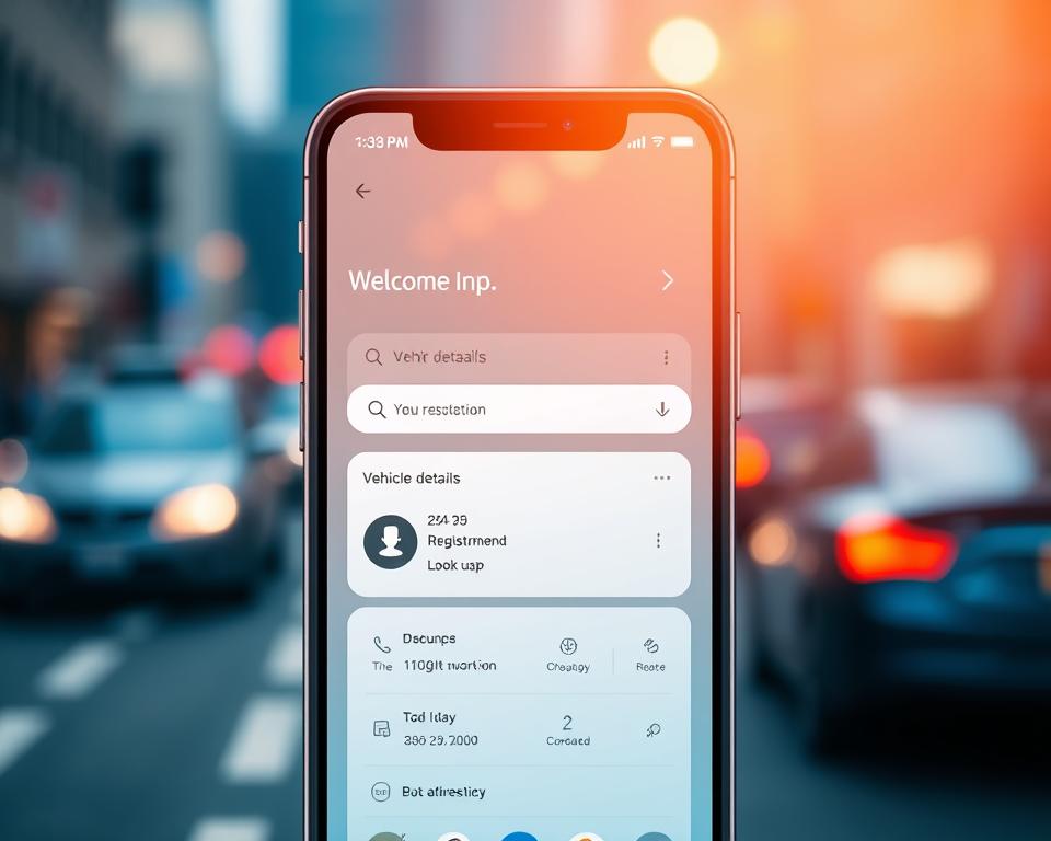 A modern mobile app interface showcasing a vehicle registration lookup feature. The foreground depicts a sleek, minimalistic design with a prominent search bar, vehicle details panel, and intuitive navigation controls. The middle ground features a blurred background of city streets, adding a sense of real-world application. Soft, warm lighting creates a welcoming atmosphere, guiding the user's focus to the app's core functionality. Subtle textures and gradients lend a premium, high-tech aesthetic, reflecting the app's reliable and user-friendly nature. The overall composition conveys a seamless, efficient experience for quickly accessing vehicle information on the go. A modern mobile app interface showcasing a vehicle registration lookup feature. The foreground depicts a sleek, minimalistic design with a prominent search bar, vehicle details panel, and intuitive navigation controls. The middle ground features a blurred background of city streets, adding a sense of real-world application. Soft, warm lighting creates a welcoming atmosphere, guiding the user's focus to the app's core functionality. Subtle textures and gradients lend a premium, high-tech aesthetic, reflecting the app's reliable and user-friendly nature. The overall composition conveys a seamless, efficient experience for quickly accessing vehicle information on the go.
