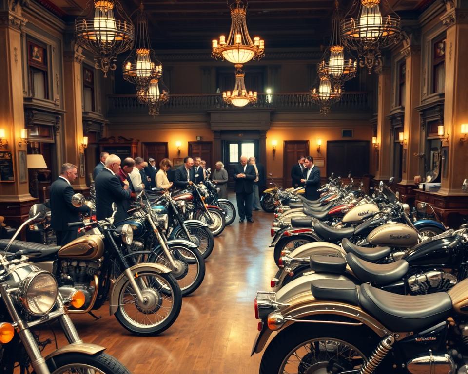 A vintage auction house interior, dimly lit with warm incandescent lamps. In the foreground, rows of diverse motorcycles are displayed on a polished wooden floor, their chrome and leather details gleaming. In the middle ground, potential bidders examine the machines, murmuring excitedly. The background features high ceilings, ornate columns, and antique furniture, creating an atmosphere of history and exclusivity. Shallow depth of field, using a 50mm lens, emphasizes the focal point of the motorcycles. The overall mood is one of anticipation and a sense of opportunity, as this auction offers a chance to acquire unique, desirable vehicles.
