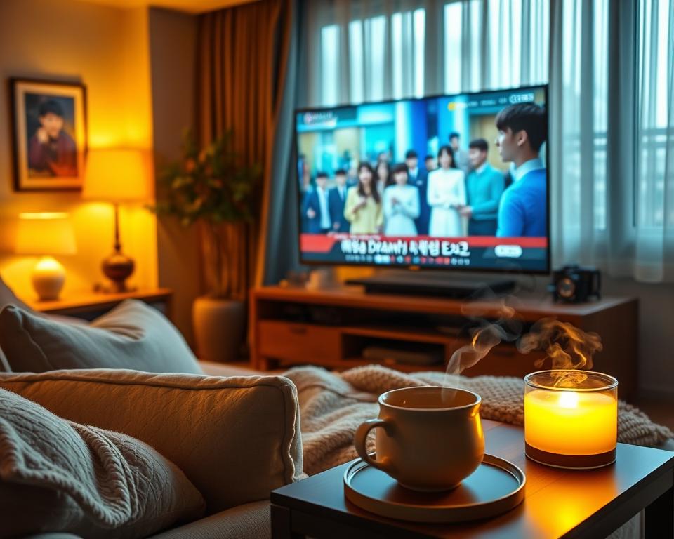 A cozy living room, warm lighting casting a gentle glow, features a large flatscreen TV displaying a lively Korean drama. Plush pillows and a cozy blanket suggest a comfortable, immersive viewing experience. The room's decor blends modern and traditional elements, reflecting the fusion of Korean and Western influences. A side table holds a steaming mug, perhaps of fragrant tea, completing the scene of a relaxing, personal "drama streaming" session. The overall atmosphere evokes a sense of tranquility, inviting the viewer to settle in and get lost in the captivating world of Korean storytelling.
