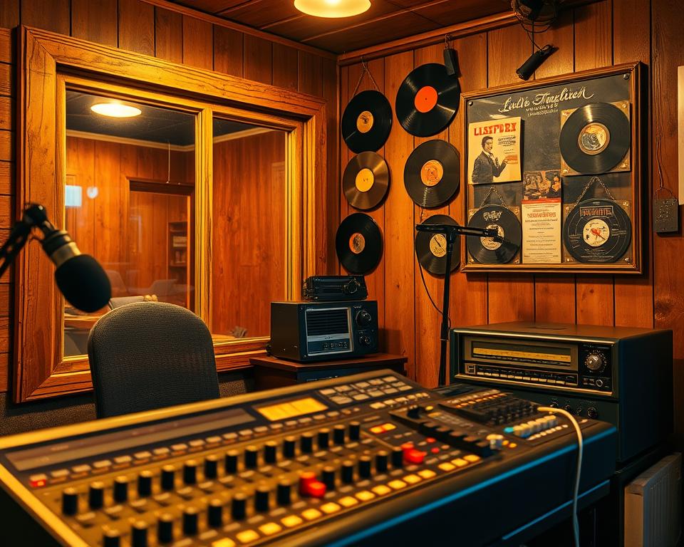 A cozy radio station in a retro-inspired setting, with weathered wooden walls and vintage radio equipment on display. Warm lighting casts a nostalgic glow, reflecting off the glass panels of the studio booth. An analog mixing console sits in the foreground, its dials and sliders inviting the listener to adjust the sound. In the background, a wall-mounted display showcases a collection of classic vinyl records, hinting at the station's dedication to timeless music. The overall atmosphere evokes a sense of comfort and familiarity, perfect for tuning in to nostalgic tunes. A cozy radio station in a retro-inspired setting, with weathered wooden walls and vintage radio equipment on display. Warm lighting casts a nostalgic glow, reflecting off the glass panels of the studio booth. An analog mixing console sits in the foreground, its dials and sliders inviting the listener to adjust the sound. In the background, a wall-mounted display showcases a collection of classic vinyl records, hinting at the station's dedication to timeless music. The overall atmosphere evokes a sense of comfort and familiarity, perfect for tuning in to nostalgic tunes.