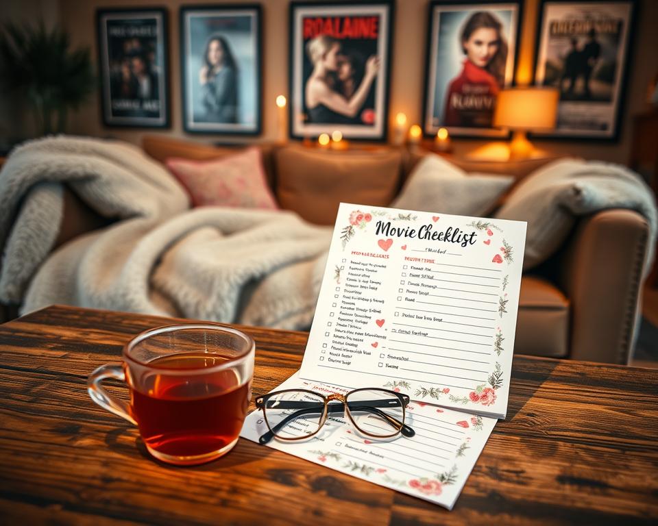 A cozy, romantic movie night setup with personalized movie checklists. A wooden table in the foreground holds a cup of tea, a pair of eyeglasses, and a stack of handwritten movie lists adorned with hearts and floral patterns. In the middle ground, plush blankets and pillows create a comfortable seating area, while the background features a warm, softly lit living room with framed movie posters on the walls. The overall atmosphere is intimate, inviting, and perfect for an evening of romance-themed films.