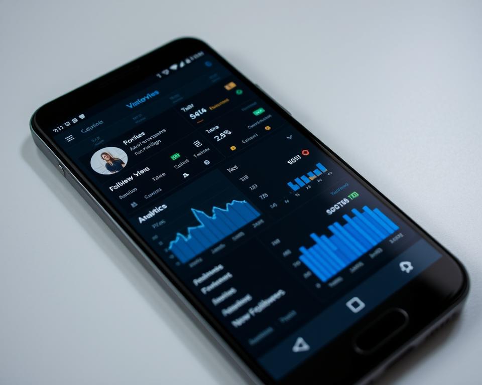 A detailed analytics dashboard on an Android smartphone screen, displaying various metrics and statistics related to visitor activity on a social media profile. The dashboard features clean, minimalist design with a dark theme, providing a sleek and professional look. The interface shows graphs, charts, and numerical data visualizing key metrics such as profile views, new followers, engagement, and more. The screen is well-lit, with a soft, directional lighting source creating depth and dimension. The camera angle is slightly elevated, giving an overview of the dashboard layout. The mood is one of precision, clarity, and data-driven insights, reflecting the analytical nature of the "Qmiran" app.