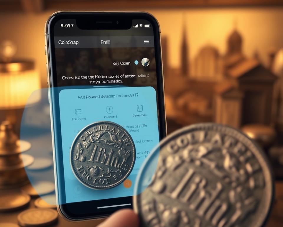 A detailed illustration of the CoinSnap app's functionality. In the foreground, a close-up view of a vintage coin being analyzed by the app's AI-powered detection system, with intricate details of the coin's surface visible. In the middle ground, a clean, minimalist interface showcasing the app's key features and information about the identified coin, bathed in warm, soft lighting. In the background, a subtle cityscape or a collection of historical artifacts, establishing the context of the app's purpose. The overall tone is one of precision, sophistication, and a sense of uncovering the hidden stories of ancient numismatics.