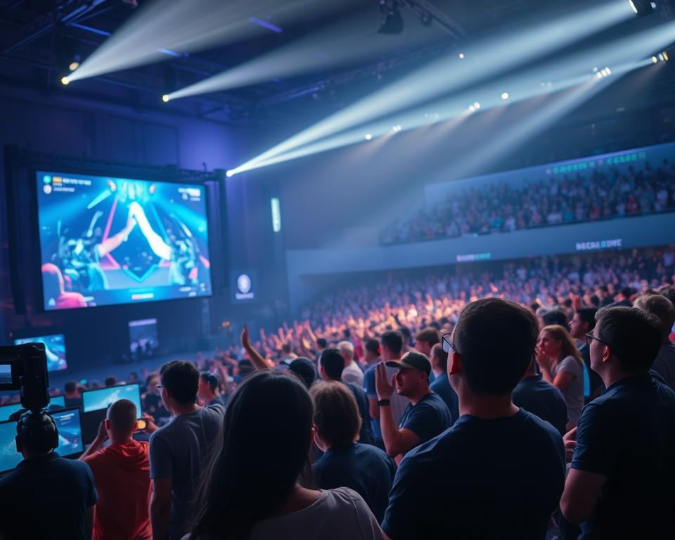 A dynamic scene of a live esports streaming event, captured with a professional cinematic lens. In the foreground, a large projection screen displays the intense competition, players' faces lit by the glow of their monitors. In the middle ground, a crowd of dedicated fans cheers and applauds, their energy palpable. The background is softly blurred, hinting at the expansive venue and high-tech production setup. Dramatic lighting casts dramatic shadows, creating a sense of tension and excitement. The overall atmosphere is one of immersion, technology, and the thrill of competitive gaming. A dynamic scene of a live esports streaming event, captured with a professional cinematic lens. In the foreground, a large projection screen displays the intense competition, players' faces lit by the glow of their monitors. In the middle ground, a crowd of dedicated fans cheers and applauds, their energy palpable. The background is softly blurred, hinting at the expansive venue and high-tech production setup. Dramatic lighting casts dramatic shadows, creating a sense of tension and excitement. The overall atmosphere is one of immersion, technology, and the thrill of competitive gaming.