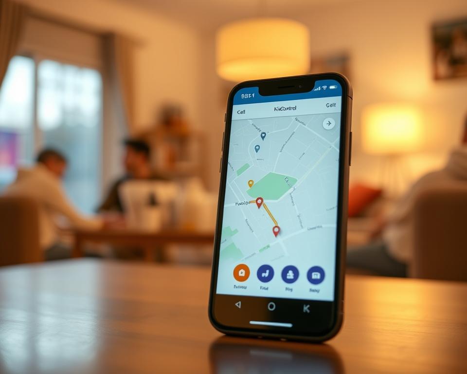 A family-oriented GPS tracking app, KidsControl, prominently displayed on a smartphone screen. The screen is backlit with a warm, soft glow, creating a cozy, reassuring atmosphere. The app's interface features a map with location markers, indicating the real-time whereabouts of family members. Subtle icons and intuitive controls allow for easy monitoring and management of the family's safety. In the background, a blurred, out-of-focus scene depicts a domestic setting, suggesting the app's integration into the family's daily life. The overall composition conveys a sense of security, care, and the importance of maintaining a watchful eye over loved ones.