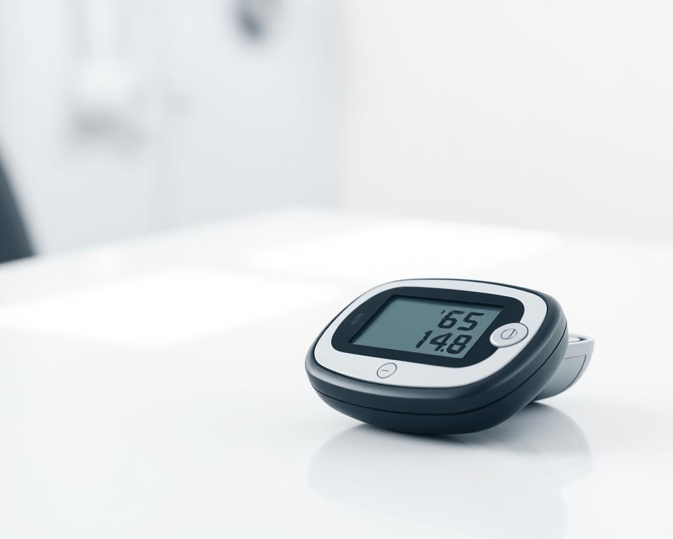 A finely detailed medical diagram showcasing a glucose monitoring device and its display. The foreground depicts the sleek, modern device with a clear digital readout, conveying the necessary technical functionality. The middle ground features the device resting on a clean, minimalist surface, perhaps a medical table or desk. The background is softly blurred, maintaining focus on the central subject. Bright, natural lighting from an off-camera source creates a crisp, professional atmosphere. The overall image should convey a sense of precision, clarity, and the importance of glucose monitoring technology. A finely detailed medical diagram showcasing a glucose monitoring device and its display. The foreground depicts the sleek, modern device with a clear digital readout, conveying the necessary technical functionality. The middle ground features the device resting on a clean, minimalist surface, perhaps a medical table or desk. The background is softly blurred, maintaining focus on the central subject. Bright, natural lighting from an off-camera source creates a crisp, professional atmosphere. The overall image should convey a sense of precision, clarity, and the importance of glucose monitoring technology.