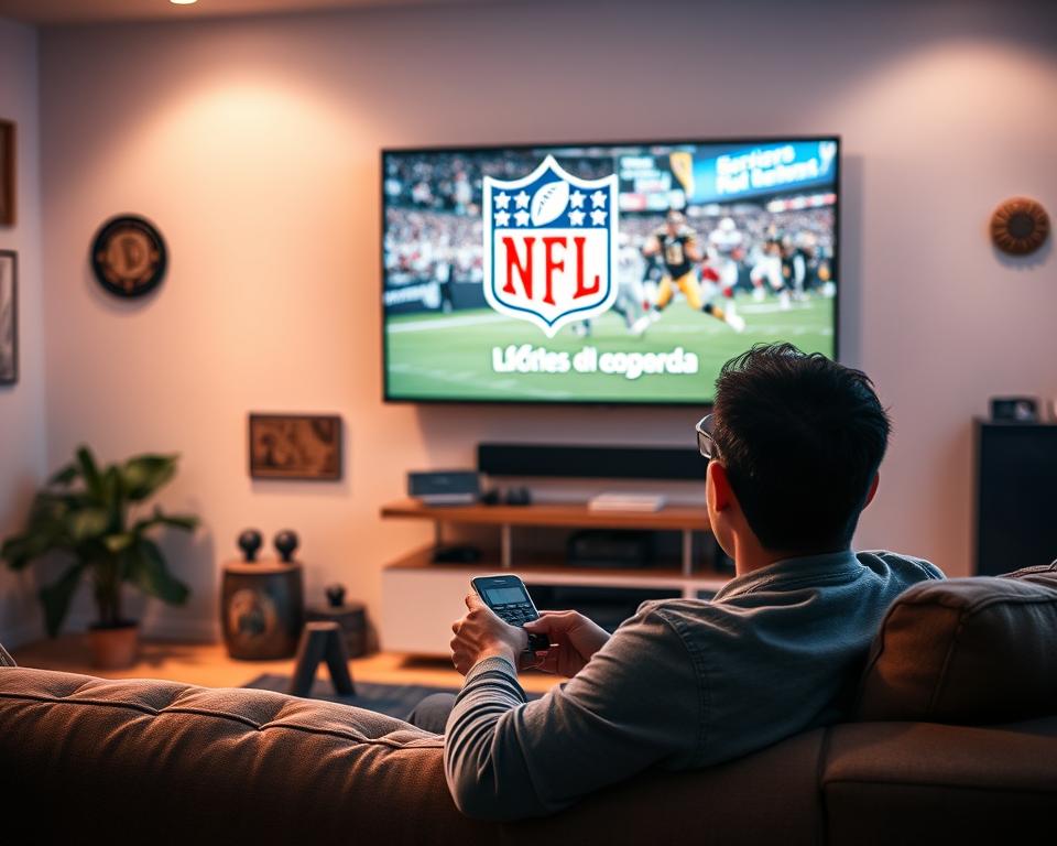 A living room setting with a large flat-screen TV mounted on the wall, displaying the NFL logo in Portuguese. In the foreground, a person sitting comfortably on a plush couch, holding a remote control and watching the game intently. Soft lighting illuminates the space, creating a cozy and immersive atmosphere. The room is adorned with sports memorabilia and team colors, reflecting the viewer's passion for the NFL. The scene conveys the ease and enjoyment of watching professional American football in the comfort of one's own home, with the Portuguese translation enhancing the experience. A living room setting with a large flat-screen TV mounted on the wall, displaying the NFL logo in Portuguese. In the foreground, a person sitting comfortably on a plush couch, holding a remote control and watching the game intently. Soft lighting illuminates the space, creating a cozy and immersive atmosphere. The room is adorned with sports memorabilia and team colors, reflecting the viewer's passion for the NFL. The scene conveys the ease and enjoyment of watching professional American football in the comfort of one's own home, with the Portuguese translation enhancing the experience.