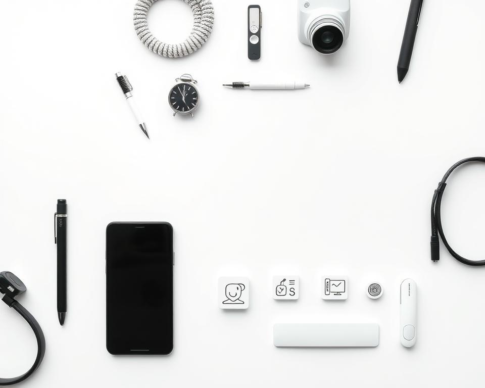 A neatly organized set of modern digital tools on a minimalist white backdrop, including a smartphone, tablet, and various software icons representing Instagram features like profile monitoring, analytics, and engagement tracking. The tools are arranged in a clean, symmetrical layout, with a subtle sense of depth and lighting to create a professional, tech-savvy atmosphere. The overall aesthetic conveys a sense of efficiency, control, and digital mastery, suitable for illustrating a section on "Alternativas seguras para monitorar seu Instagram".
