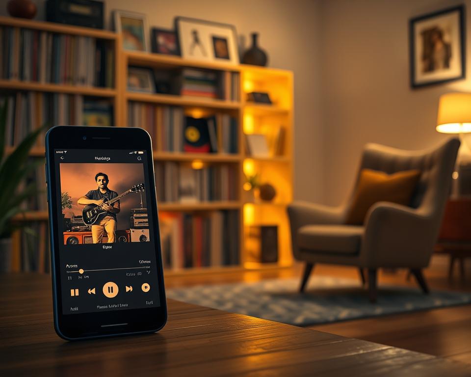 A nostalgic music application set in a cozy, retro-inspired environment. In the foreground, a smartphone display showcases a music player interface with warm, vintage-inspired visuals and controls. The middle ground features a bookshelf filled with vinyl records, cassette tapes, and other analog music memorabilia, casting a soft, ambient glow. The background depicts a dimly lit living room, with a plush, mid-century modern armchair and a analog radio or turntable emitting a comforting, vintage ambiance. The overall mood is one of reminiscence, comfort, and a longing for the simpler pleasures of bygone eras of music consumption.
