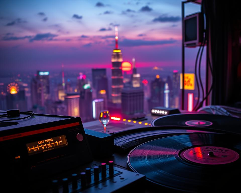 A nostalgic scene of classic 80s music visually represented. In the foreground, a retro cassette player, analog equalizer, and vinyl records representing the analog warmth of the era. In the middle ground, a neon-soaked cityscape at night, with glowing skyscrapers and neon signs in the style of the 80s. In the background, a hazy, dreamlike skyline with a vibrant sunset. The lighting is moody and atmospheric, with a sense of nostalgia and longing. The color palette is rich and saturated, capturing the vibrant aesthetic of the 80s. The overall composition evokes a sense of yearning for the musical past.