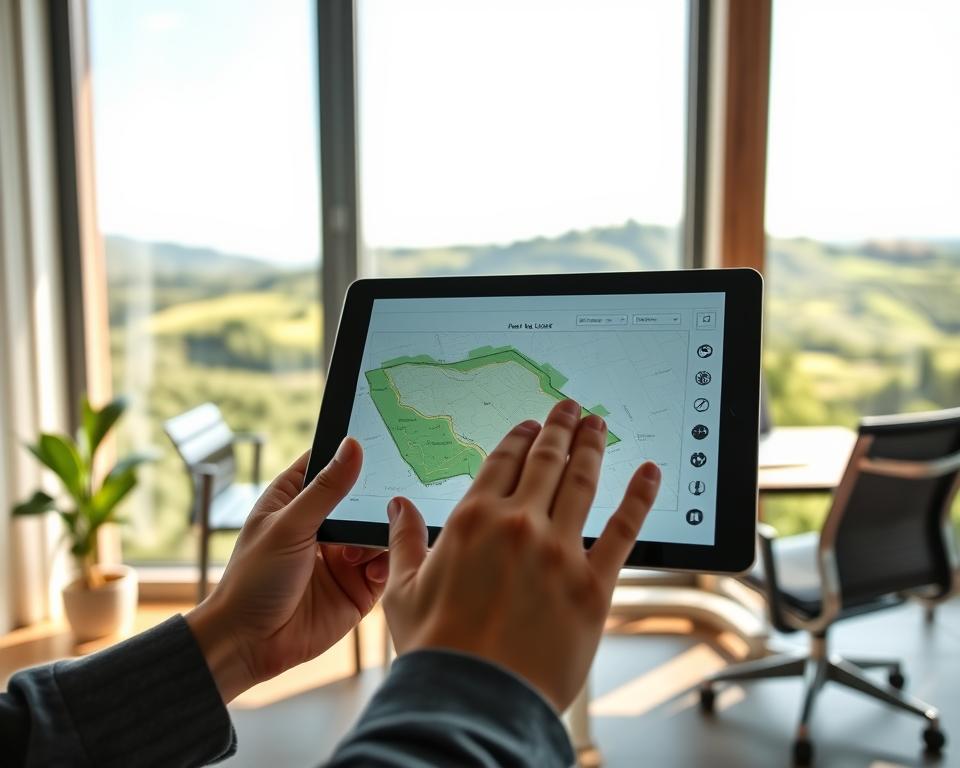A serene and modern office setting, with a large window overlooking a lush, verdant landscape. In the foreground, a sleek tablet device displays a detailed digital map of a plot of land, its boundaries and measurements clearly delineated. The user's hands are gently interacting with the touchscreen, effortlessly navigating the intuitive interface. Soft, natural lighting filters in, creating a sense of tranquility and efficiency. The middle ground features a minimalist desk setup, with a laptop, ergonomic chair, and a potted plant, all in harmonious shades of gray and wood tones. The background showcases the outside world, a picturesque scene of rolling hills and a bright, cloudless sky, reinforcing the seamless integration of technology and the natural environment.