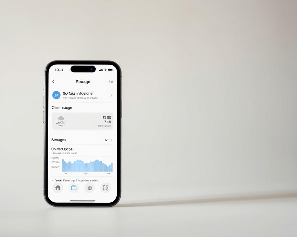A sleek, minimalist iOS app interface with a focus on storage optimization. In the foreground, a simple dashboard displays storage usage and optimization suggestions. The middle ground features stylized icons and visual cues for specific storage-saving actions, such as clearing cache, uninstalling unused apps, and offloading files to the cloud. The background showcases a subtle, blurred gradient in muted tones that complements the app's clean aesthetic. Soft, diffused lighting creates a sense of depth and emphasizes the app's user-friendly design. The overall impression is one of efficiency, organization, and a seamless iOS user experience.