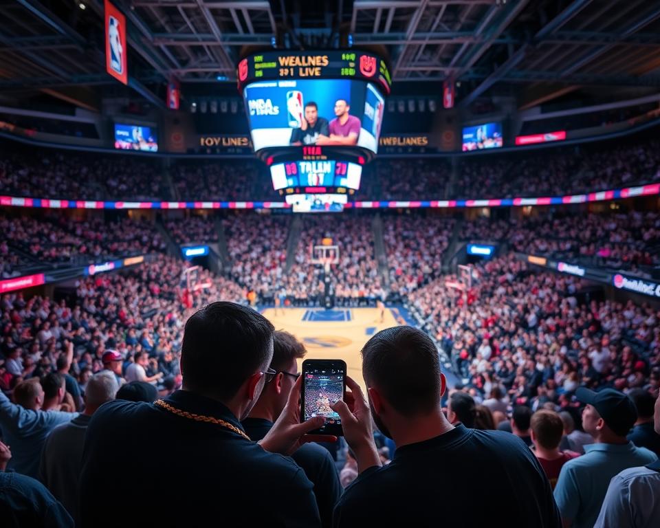 A sports arena filled with enthusiastic basketball fans, the court illuminated with vibrant lighting and dynamic camera angles. In the foreground, a group of people huddle around a smartphone, their faces aglow as they watch a live NBA game. The middle ground features a large screen displaying the action on the court, while the background showcases the energy and atmosphere of the event, with cheering crowds and the arena's iconic architecture. The overall mood is one of excitement and immersion, capturing the thrill of experiencing the NBA live, whether in person or through a digital platform.