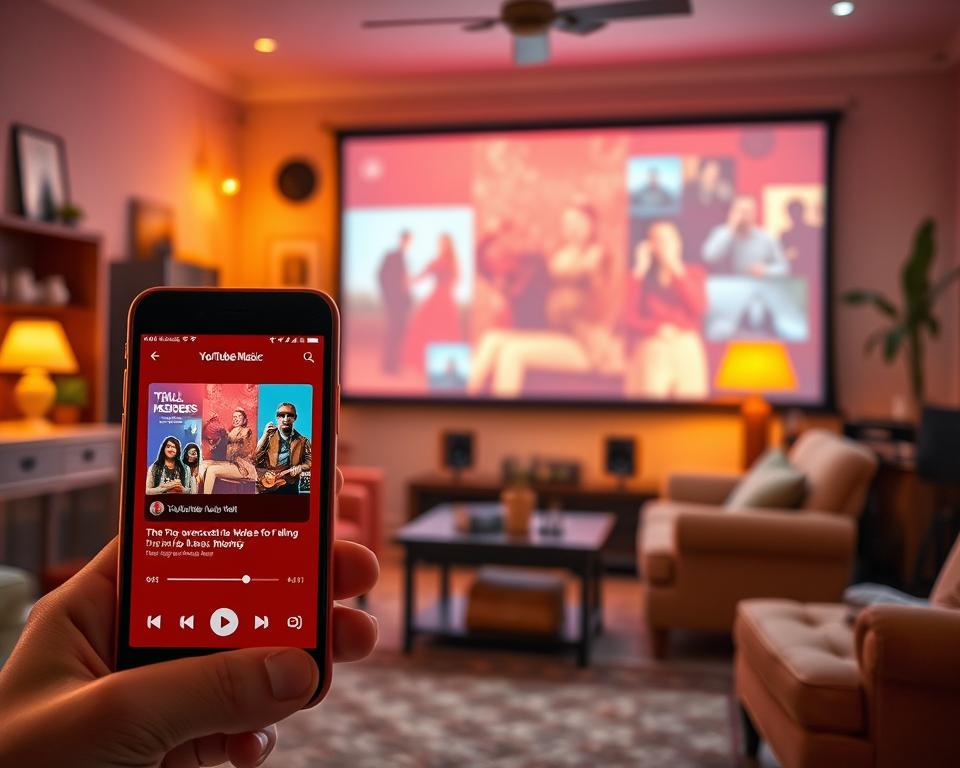 A vibrant and nostalgic scene of the YouTube Music app experience. In the foreground, a smartphone with a warm, retro-inspired interface displaying album artwork and music controls. The middle ground features a cozy, well-lit living room setting, with vintage furniture and warm lighting creating a comfortable, immersive atmosphere. In the background, a large projection screen displays captivating music videos, transporting the viewer into a multisensorial journey through the rich tapestry of musical memories. The overall mood is one of reminiscence, discovery, and the timeless allure of music's ability to evoke emotion and transport the listener. A vibrant and nostalgic scene of the YouTube Music app experience. In the foreground, a smartphone with a warm, retro-inspired interface displaying album artwork and music controls. The middle ground features a cozy, well-lit living room setting, with vintage furniture and warm lighting creating a comfortable, immersive atmosphere. In the background, a large projection screen displays captivating music videos, transporting the viewer into a multisensorial journey through the rich tapestry of musical memories. The overall mood is one of reminiscence, discovery, and the timeless allure of music's ability to evoke emotion and transport the listener.