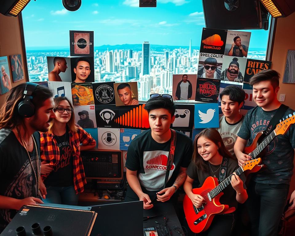 A vibrant, diverse collection of independent artists on the SoundCloud platform, captured in a visually striking composition. In the foreground, a group of young musicians, each with their unique style and expression, performing on stage or in a recording studio, conveying the energy and passion of the independent music scene. In the middle ground, a collage of album artwork, logos, and social media icons, reflecting the digital and interconnected nature of the SoundCloud community. In the background, a cityscape or urban landscape, hinting at the diverse locations and cultural influences that shape the independent music landscape. The scene is illuminated by warm, natural lighting, creating a sense of authenticity and artistic flair. The overall mood is one of creativity, discovery, and the celebration of individual artistic voices.