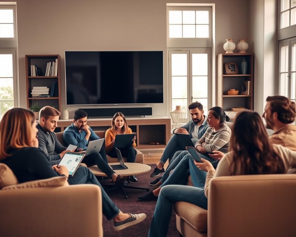 A warm, inviting living room setting with a large, flat-screen TV mounted on the wall. In the foreground, a group of people are sitting on comfortable sofas, laptops and smartphones in hand, engrossed in discussion. Their expressions range from enthusiastic to pensive, capturing the diverse reactions and opinions about the entertainment platform they are evaluating. The room is well-lit, with soft, natural lighting filtering in through large windows, creating a cozy and inviting atmosphere. The background features shelves filled with books and decorative items, adding depth and character to the scene. The overall composition conveys a sense of community, engagement, and the thoughtful consideration of the platform's features and user experience.