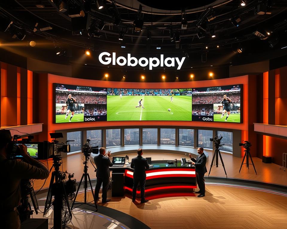 A cinematic broadcast studio interior, with a large, curved video wall displaying the Globoplay logo and soccer match highlights. The foreground features an anchor desk and production crew members operating cameras and equipment. Warm, diffused lighting illuminates the scene, creating a professional, high-quality television aesthetic. The middle ground showcases a panoramic view of the studio, emphasizing the scale and technical complexity of the live soccer coverage. In the background, glimpses of the city skyline can be seen through the studio windows, hinting at the national reach of the Globoplay broadcast. The overall mood is one of authoritative, polished, and immersive sports broadcasting.