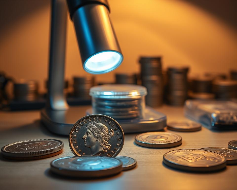 A close-up view of a vintage coin collector's desk, featuring a sleek, modern coinoscope device prominently displayed. The desk is illuminated by warm, directional lighting, casting subtle shadows and highlighting the intricate details of the coins. In the foreground, the coinoscope's high-resolution lens magnifies the surface of a rare, antique coin, revealing its unique patterns and sheen. In the middle ground, neatly organized stacks of coins in protective cases suggest the collector's passion and expertise. The background features a clean, minimal design, emphasizing the focus on the coinoscope and the coins themselves. A close-up view of a vintage coin collector's desk, featuring a sleek, modern coinoscope device prominently displayed. The desk is illuminated by warm, directional lighting, casting subtle shadows and highlighting the intricate details of the coins. In the foreground, the coinoscope's high-resolution lens magnifies the surface of a rare, antique coin, revealing its unique patterns and sheen. In the middle ground, neatly organized stacks of coins in protective cases suggest the collector's passion and expertise. The background features a clean, minimal design, emphasizing the focus on the coinoscope and the coins themselves.