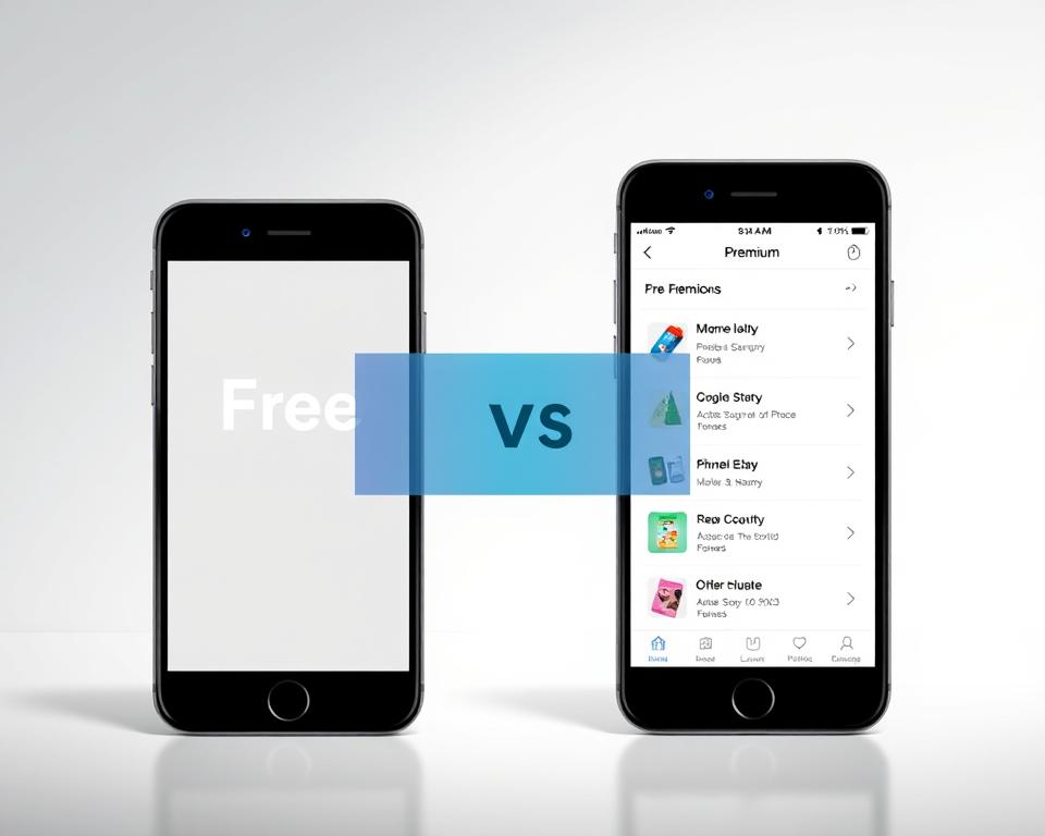 A comparative visual illustration depicting the differences between a free mobile app and its premium version. In the foreground, two smartphones are prominently displayed side by side, one showing the free app interface and the other the premium version. The free app has a simple, basic design, while the premium app features more advanced functionality, enhanced visuals, and additional features. In the middle ground, a gradient overlay highlights the key contrasts between the two versions. The background has a clean, minimalist aesthetic, with subtle patterns or textures to create depth and a professional, polished look. The overall scene is lit with soft, directional lighting, creating depth and emphasizing the visual distinctions between the free and premium app interfaces. A comparative visual illustration depicting the differences between a free mobile app and its premium version. In the foreground, two smartphones are prominently displayed side by side, one showing the free app interface and the other the premium version. The free app has a simple, basic design, while the premium app features more advanced functionality, enhanced visuals, and additional features. In the middle ground, a gradient overlay highlights the key contrasts between the two versions. The background has a clean, minimalist aesthetic, with subtle patterns or textures to create depth and a professional, polished look. The overall scene is lit with soft, directional lighting, creating depth and emphasizing the visual distinctions between the free and premium app interfaces.