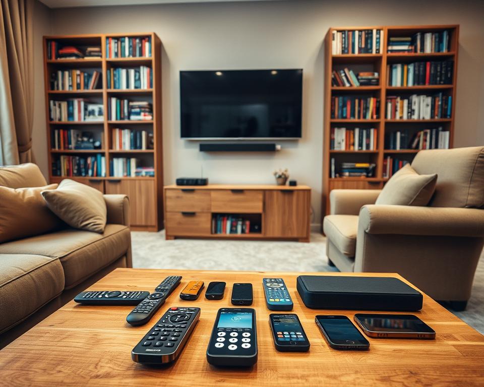 A cozy and inviting living room scene, featuring a plush couch and comfortable armchair in warm, earthy tones. On the coffee table in the foreground, a collection of remote controls and mobile devices, representing the various streaming platforms available for watching Korean dramas. In the middle ground, a sleek, modern television mounted on the wall, casting a soft, ambient glow. The background showcases bookshelves filled with a diverse selection of titles, suggesting a love for storytelling and entertainment. The overall atmosphere is one of relaxation and immersion, inviting the viewer to imagine themselves settling in for an evening of captivating Korean drama viewing.