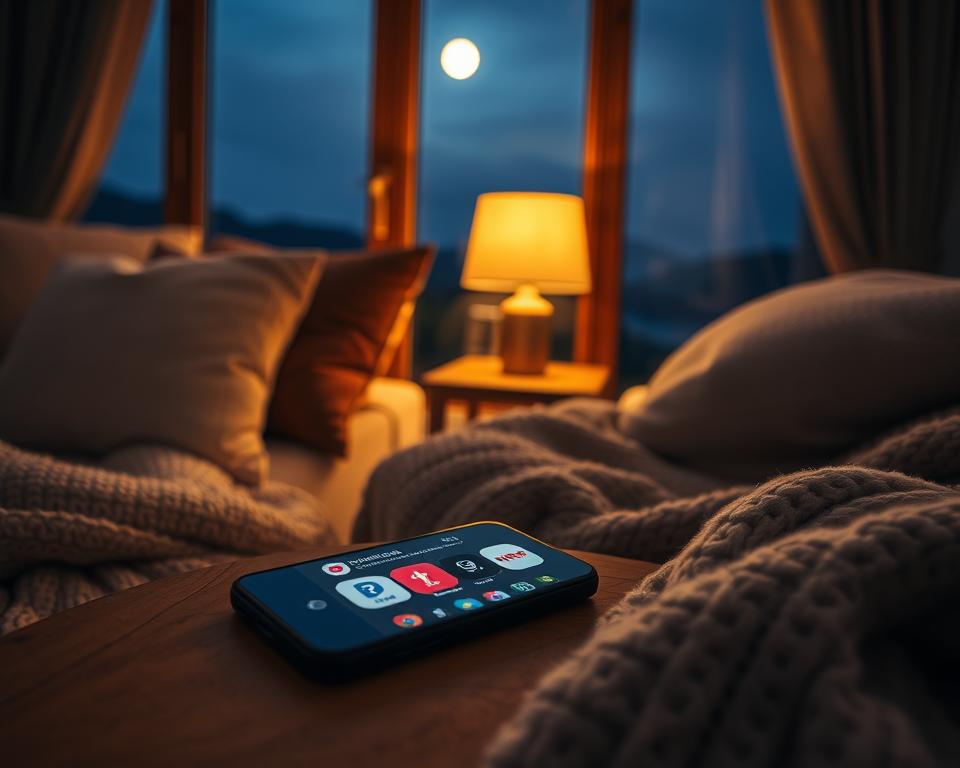 A cozy living room setting with a smartphone resting on a wooden side table, surrounded by plush pillows and a cozy throw blanket. The room is softly lit by a warm table lamp, creating a inviting and relaxing atmosphere. In the background, a large window overlooks a serene, moonlit landscape. The phone's screen displays the logos and interfaces of popular Korean drama streaming apps, suggesting the ideal apps for binge-watching the latest K-dramas.