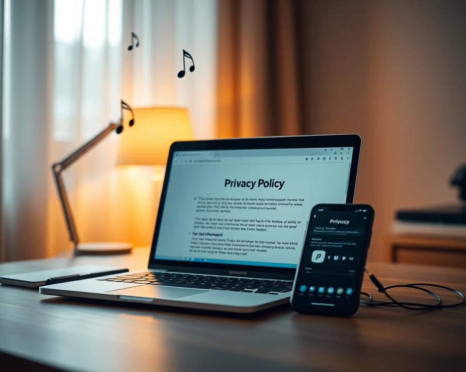 A cozy, serene office scene with a laptop, smartphone, and musical notes floating in the air. Warm, diffused lighting from a nearby window bathes the scene in a soft, inviting glow. The laptop screen displays a privacy policy interface, while the smartphone showcases a music app's interface, emphasizing the importance of data privacy and security in the digital age. The background features muted, nostalgic tones, evoking a sense of timelessness and the comfort of familiar music. The overall atmosphere conveys a sense of trust, control, and the harmony between technology and personal privacy. A cozy, serene office scene with a laptop, smartphone, and musical notes floating in the air. Warm, diffused lighting from a nearby window bathes the scene in a soft, inviting glow. The laptop screen displays a privacy policy interface, while the smartphone showcases a music app's interface, emphasizing the importance of data privacy and security in the digital age. The background features muted, nostalgic tones, evoking a sense of timelessness and the comfort of familiar music. The overall atmosphere conveys a sense of trust, control, and the harmony between technology and personal privacy.