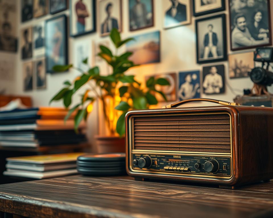 A cozy vintage-inspired scene of an old-fashioned radio playing soulful Brazilian music. In the foreground, an antique wooden radio sits on a weathered tabletop, its dials and knobs glowing softly. Warm lighting casts a nostalgic glow, highlighting the radio's intricate details. In the middle ground, a lush houseplant and a stack of vinyl records add to the retro ambiance. The background features a wall adorned with framed photographs and memorabilia, evoking a sense of time-honored tradition. The overall atmosphere is one of tranquility and a connection to the rich musical heritage of Brazil.