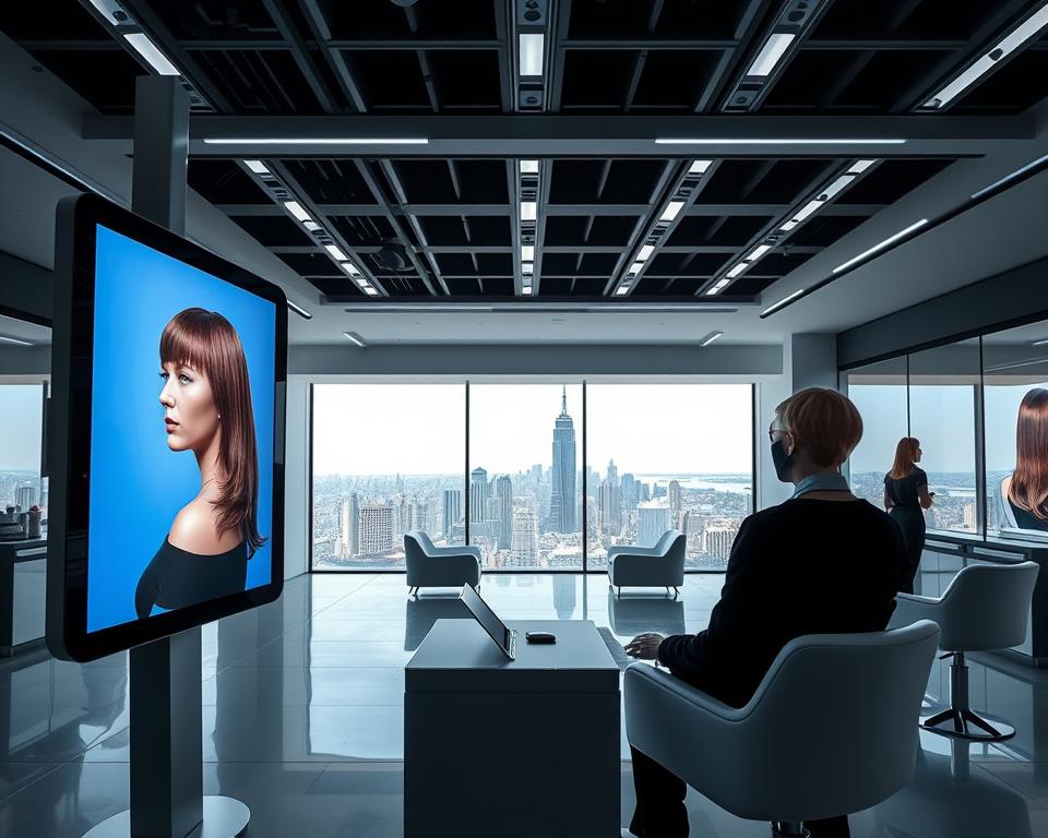 A futuristic, sleek hair salon with a modern, high-tech hair simulation station in the foreground. The station features a large, high-resolution screen displaying a realistic 3D model of a person's head and hair. Stylists and customers interact with the screen using touch controls, adjusting hair length, color, and style in real-time. In the middle ground, the salon has a minimalist, open-concept design with bright, diffused lighting and clean, angular furniture. In the background, a panoramic view of a bustling city skyline is visible through floor-to-ceiling windows, creating a sense of urban sophistication.