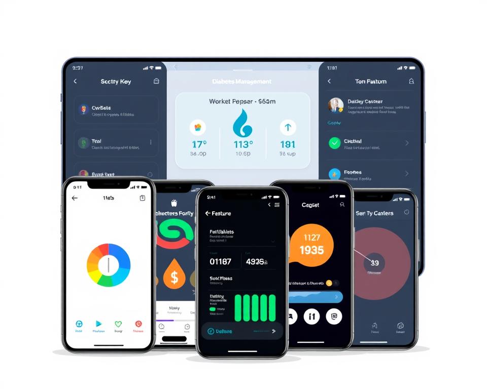 A high-resolution, digital illustration of a comparative analysis of various diabetes management apps, set against a clean, minimalist background. The apps are displayed in the foreground, showcasing their key features and functionalities in a clear, organized manner. The middle ground features a simple, yet informative, infographic-style visualization of the apps' capabilities, allowing for easy comparison. The background is softly lit, with a calm, soothing color palette that reflects the topic's importance and the user's need for a seamless, stress-free experience. The overall composition is professional, visually appealing, and effectively communicates the section's title and the article's subject matter.