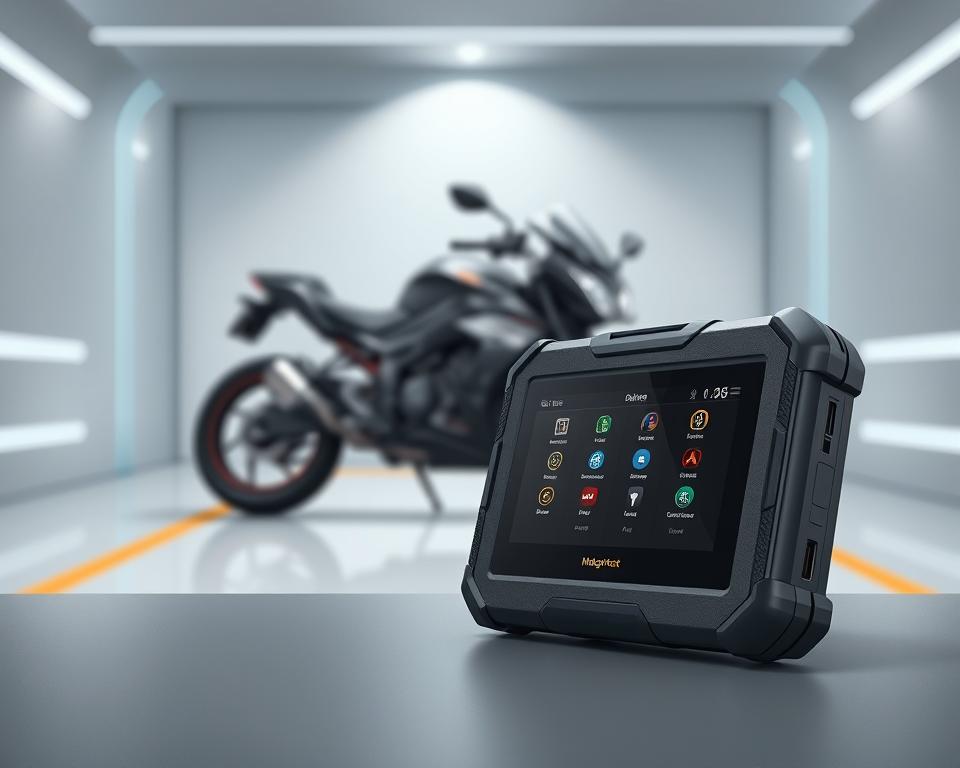 A high-tech automotive diagnostic interface with a sleek, modern design. The device is prominently displayed in the foreground, showcasing its intuitive touchscreen controls and various input/output ports. In the middle ground, a motorcycle is partially visible, subtly hinting at the product's intended use. The background features a minimalist, tech-inspired environment with clean lines and muted colors, creating a sense of sophistication and professionalism. The lighting is soft and evenly distributed, accentuating the device's premium materials and attention to detail. The overall composition conveys the advanced functionality and user-friendly experience of the "Motodiag Live" app for precise motorcycle diagnostics.