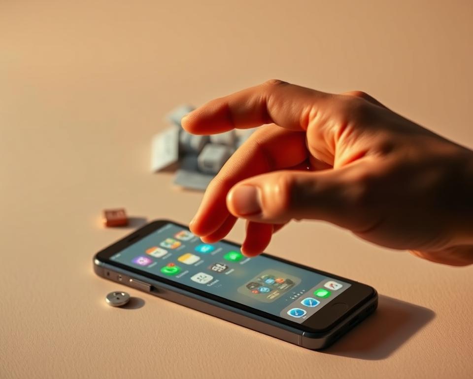 A minimalist mobile device overflowing with various storage-hogging apps, icons, and files. In the foreground, a hand gesturing to delete unwanted content. The middle ground features a sleek, modern smartphone with a clean user interface, suggesting efficient organization and decluttering. The background is a soft, muted tone, creating a sense of focus and simplicity. Warm lighting from the side casts gentle shadows, highlighting the physicality of the device and the intentional curation of its contents. The overall mood is one of control, productivity, and a streamlined digital lifestyle. A minimalist mobile device overflowing with various storage-hogging apps, icons, and files. In the foreground, a hand gesturing to delete unwanted content. The middle ground features a sleek, modern smartphone with a clean user interface, suggesting efficient organization and decluttering. The background is a soft, muted tone, creating a sense of focus and simplicity. Warm lighting from the side casts gentle shadows, highlighting the physicality of the device and the intentional curation of its contents. The overall mood is one of control, productivity, and a streamlined digital lifestyle.