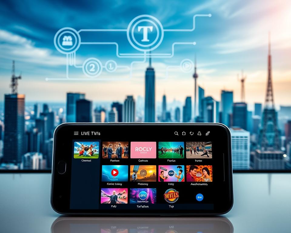 A modern, digital TV streaming service interface, with a clean and intuitive layout. In the foreground, a smartphone display showcases a selection of live TV channels, with vibrant icons and a sleek menu system. The middle ground features network diagrams and data visualizations, highlighting the underlying IPTV technology powering the service. In the background, a cityscape of skyscrapers and communication towers symbolizes the ubiquity of digital content delivery. The overall scene conveys a sense of technological sophistication, convenience, and the future of television consumption on mobile devices.