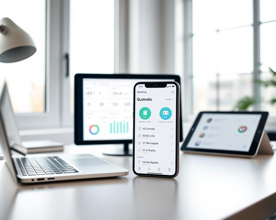 A modern home office setup with a laptop, tablet, and smartphone displaying real-time monitoring data from the Qustodio app. The desk is neatly organized, with a minimalist design and clean lines. Soft, natural lighting from a large window illuminates the scene, creating a calming and productive atmosphere. The smartphone screen shows parental controls, time limits, and usage reports, emphasizing Qustodio's comprehensive monitoring and security features. The overall composition conveys a sense of digital oversight and parental peace of mind. A modern home office setup with a laptop, tablet, and smartphone displaying real-time monitoring data from the Qustodio app. The desk is neatly organized, with a minimalist design and clean lines. Soft, natural lighting from a large window illuminates the scene, creating a calming and productive atmosphere. The smartphone screen shows parental controls, time limits, and usage reports, emphasizing Qustodio's comprehensive monitoring and security features. The overall composition conveys a sense of digital oversight and parental peace of mind.