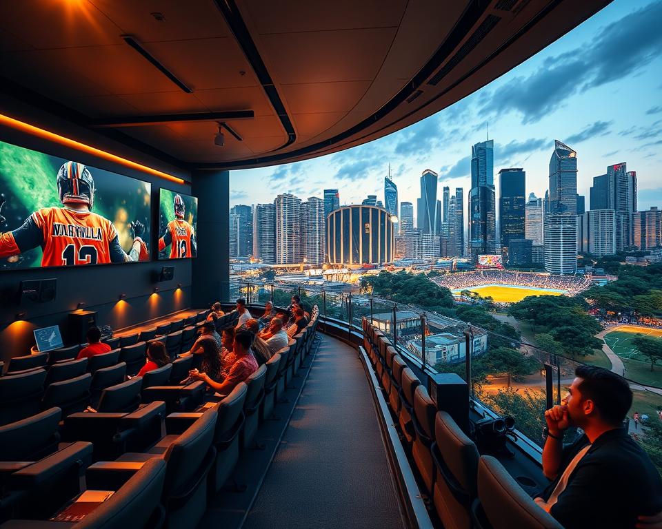 A modern, sleek sports viewing platform set against a dynamic cityscape backdrop. The platform features rows of comfortable seating, large high-definition screens, and state-of-the-art audio equipment. The space is bathed in warm, directional lighting that casts a cozy, immersive atmosphere. In the distance, a vibrant city skyline with towering skyscrapers and lush greenery fills the horizon, reflecting the energy and excitement of the sports events unfolding on the platform. The overall scene conveys a premium, premium entertainment experience catered to passionate sports fans.