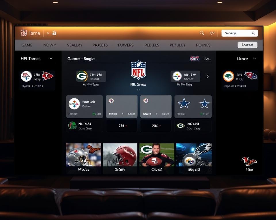 A modern, well-designed platform for streaming NFL games, featuring a clean, intuitive interface with prominent display of game schedules, team logos, and live scores. The platform is set against a backdrop of a dimly-lit living room, with a comfortable leather couch and coffee table, creating a cozy, immersive viewing experience. Soft, warm lighting emanates from a television screen in the center, casting a gentle glow over the scene. The overall atmosphere evokes a sense of excitement and anticipation for the upcoming NFL action.