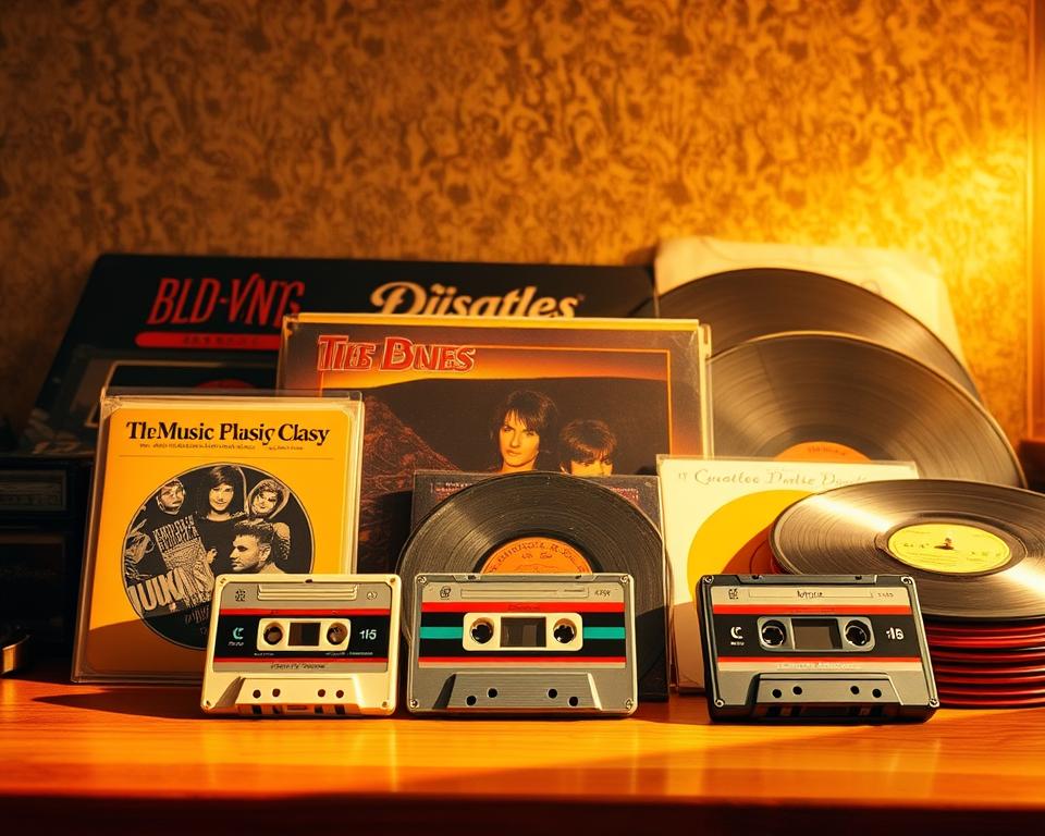 A retro-styled music playlist displayed on a variety of vintage cassette tapes, 8-track cartridges, and vinyl records, arranged in a visually appealing and nostalgic composition. The items are placed on a warm, wooden surface, bathed in soft, golden lighting that evokes a cozy, 1970s atmosphere. The middle ground features a mix of classic album covers and band logos, while the background has a blurred, textured wall with subtle hints of faded wallpaper or brick patterns. The overall mood is one of warm, inviting nostalgia for the golden age of analog music.