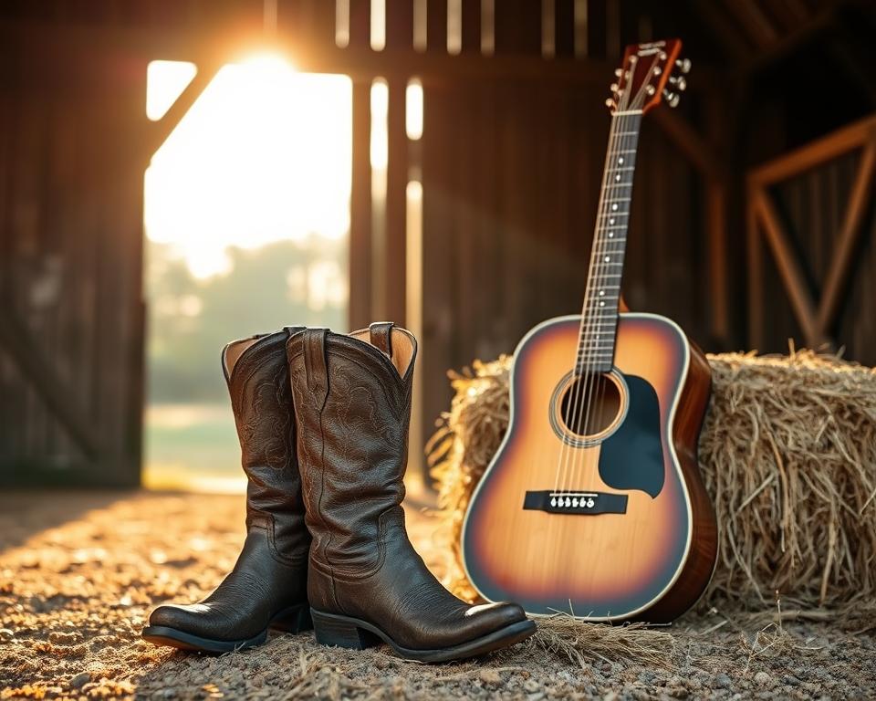 A rustic country music scene with a wooden barn in the background, a pair of worn cowboy boots in the foreground, and a vintage guitar leaning against a hay bale in the middle ground. Warm, golden lighting filters through the open barn doors, casting a cozy glow over the scene. The atmosphere is one of relaxed, down-to-earth charm, evoking the spirit of classic country music.
