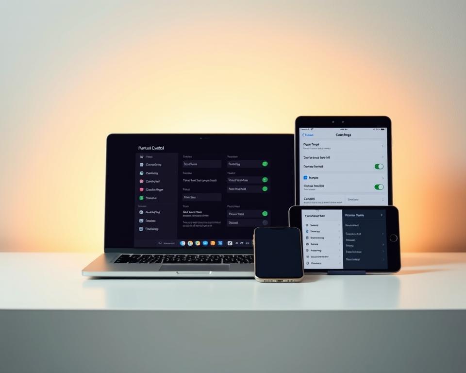 A serene and minimalist desktop scene with a laptop, smartphone, and tablet arranged neatly, conveying a sense of organization and control. The devices display various parental control settings and features, such as app monitoring, content filtering, and time limits. The background is a soft, muted gradient, drawing focus to the devices and their interfaces. Warm, indirect lighting casts a gentle glow, creating a calming and professional atmosphere. The overall composition suggests a thoughtful and intentional approach to setting up effective parental controls. A serene and minimalist desktop scene with a laptop, smartphone, and tablet arranged neatly, conveying a sense of organization and control. The devices display various parental control settings and features, such as app monitoring, content filtering, and time limits. The background is a soft, muted gradient, drawing focus to the devices and their interfaces. Warm, indirect lighting casts a gentle glow, creating a calming and professional atmosphere. The overall composition suggests a thoughtful and intentional approach to setting up effective parental controls.
