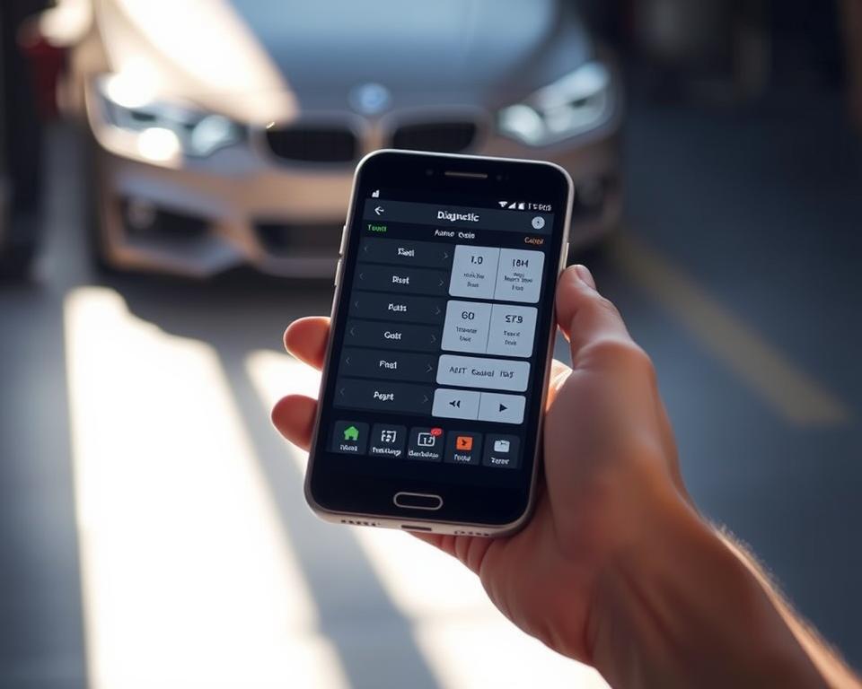 A sleek and modern automotive diagnostic app displayed on the screen of a smartphone or tablet device. The app features a clean, minimalist user interface with intuitive controls and diagnostic tools. The device is held in the foreground, casting a soft glow and natural shadows. The background is blurred, creating a sense of depth and focus on the app. The lighting is balanced, with a warm, inviting tone to convey the ease and efficiency of the diagnostic process. The overall composition emphasizes the app's functionality and user-friendly design, reflecting the "Top 5 apps de scanner automotivo para carros" section.