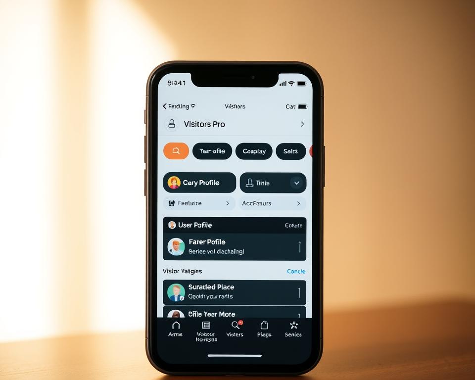 A sleek and modern iOS app interface, showcasing the "Visitors Pro" app on a high-resolution Retina display. The app's icon and name are prominently displayed at the top, with a clean and intuitive dashboard layout below. The interface features a minimalist design with a mix of light and dark elements, creating a visually appealing and user-friendly experience. The app's key features, such as user profile viewing and visitor tracking, are highlighted through clean iconography and well-organized menus. The screen is bathed in warm, diffused lighting, creating a sense of depth and natural ambiance. The overall impression is one of a professional, polished, and feature-rich iOS application that empowers users to explore who is accessing their profile. A sleek and modern iOS app interface, showcasing the "Visitors Pro" app on a high-resolution Retina display. The app's icon and name are prominently displayed at the top, with a clean and intuitive dashboard layout below. The interface features a minimalist design with a mix of light and dark elements, creating a visually appealing and user-friendly experience. The app's key features, such as user profile viewing and visitor tracking, are highlighted through clean iconography and well-organized menus. The screen is bathed in warm, diffused lighting, creating a sense of depth and natural ambiance. The overall impression is one of a professional, polished, and feature-rich iOS application that empowers users to explore who is accessing their profile.