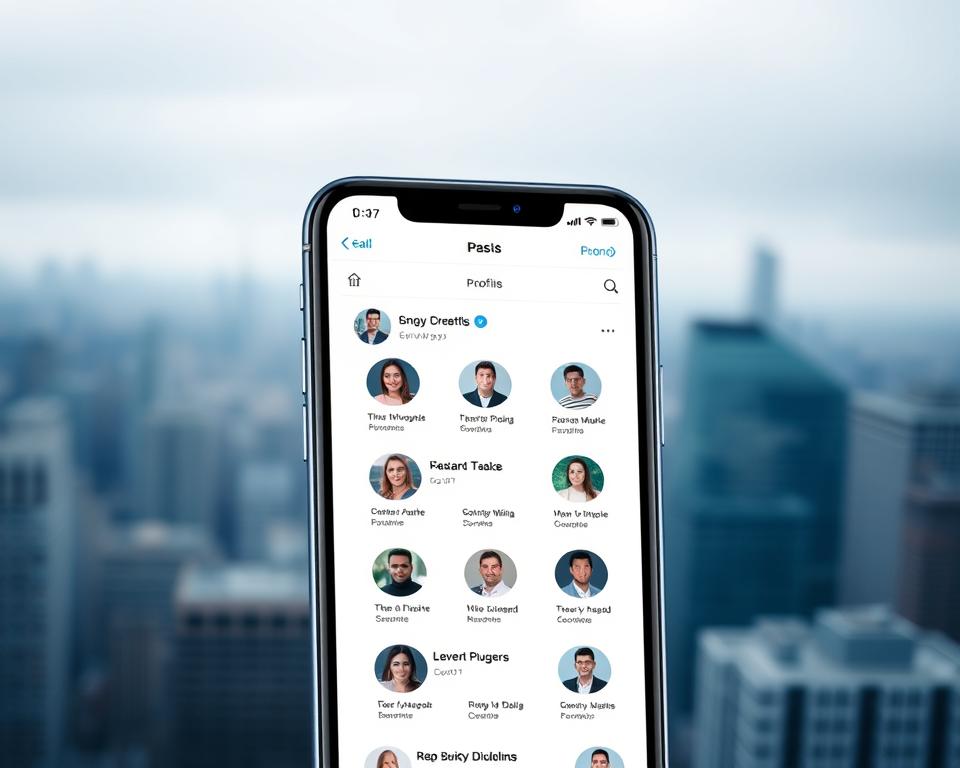 A sleek and modern iOS app interface with a clean, minimalist design. The main screen displays a list of user profiles, each represented by a circular avatar image. The profiles are arranged in a grid layout, with subtle hover effects to highlight the currently selected profile. The background features a blurred, out-of-focus cityscape, creating a sense of depth and emphasizing the app's focus. The lighting is soft and diffused, creating a calm and polished atmosphere. The color palette is dominated by muted tones of blue, gray, and white, complementing the iOS aesthetic. The overall impression is one of a professional, user-friendly application designed to provide valuable insights for social media users. A sleek and modern iOS app interface with a clean, minimalist design. The main screen displays a list of user profiles, each represented by a circular avatar image. The profiles are arranged in a grid layout, with subtle hover effects to highlight the currently selected profile. The background features a blurred, out-of-focus cityscape, creating a sense of depth and emphasizing the app's focus. The lighting is soft and diffused, creating a calm and polished atmosphere. The color palette is dominated by muted tones of blue, gray, and white, complementing the iOS aesthetic. The overall impression is one of a professional, user-friendly application designed to provide valuable insights for social media users.