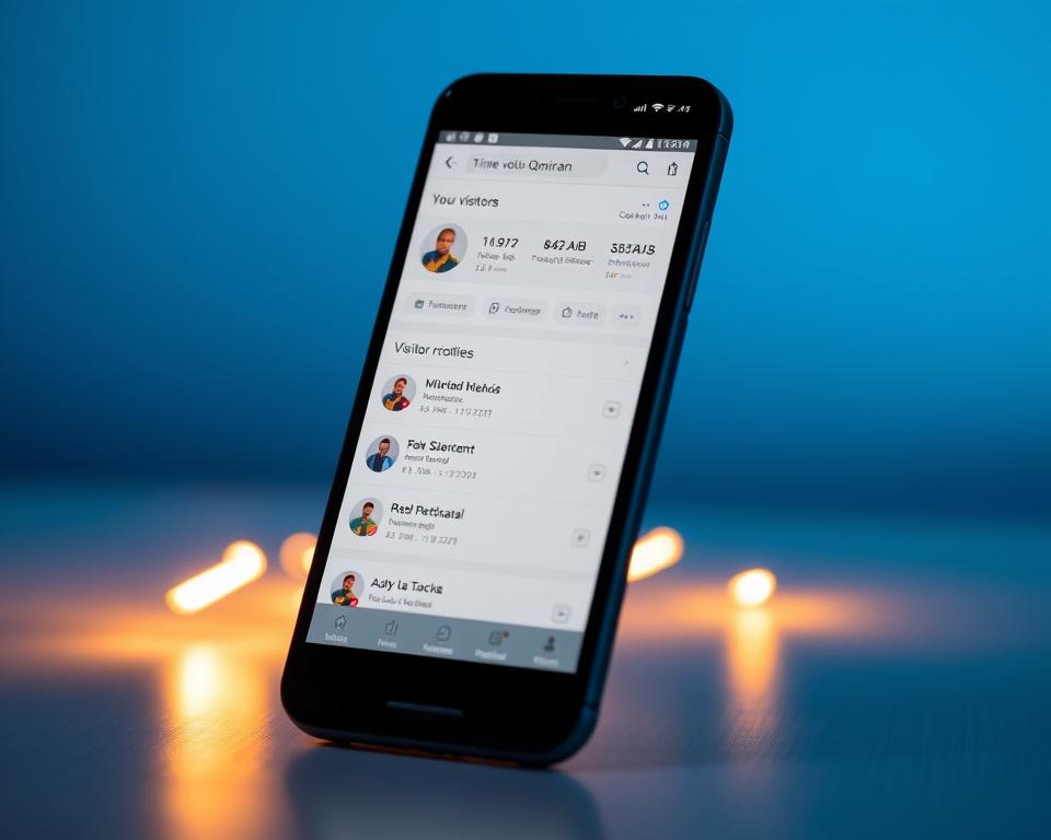 A sleek and modern mobile app interface, showcasing a clean and intuitive user experience for tracking profile visitors. The foreground features a smartphone display with a minimalist design, displaying a list of recent visitors to a social media profile. The middle ground highlights detailed visitor analytics, including timestamps, device information, and profile snapshots. The background suggests a serene, blue-toned gradient, creating a calming and professional atmosphere. Warm lighting from the device illuminates the scene, emphasizing the app's user-friendly and informative nature. The overall composition conveys a sense of control and insight, perfectly capturing the essence of the "Qmiran: outra opção para descobrir visitantes" section. A sleek and modern mobile app interface, showcasing a clean and intuitive user experience for tracking profile visitors. The foreground features a smartphone display with a minimalist design, displaying a list of recent visitors to a social media profile. The middle ground highlights detailed visitor analytics, including timestamps, device information, and profile snapshots. The background suggests a serene, blue-toned gradient, creating a calming and professional atmosphere. Warm lighting from the device illuminates the scene, emphasizing the app's user-friendly and informative nature. The overall composition conveys a sense of control and insight, perfectly capturing the essence of the "Qmiran: outra opção para descobrir visitantes" section.