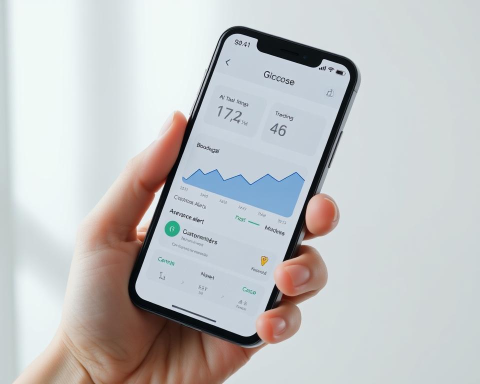 A smartphone with a mobile app interface for monitoring glucose levels, displaying blood sugar readings, trending graphs, and customizable alerts. The device is held in a hand against a clean, minimalist background with soft, natural lighting. The app's user-friendly design and intuitive layout are showcased, highlighting features like data tracking, reminders, and connectivity to external devices. The overall tone is one of modern, healthcare-focused simplicity, conveying the app's utility in managing diabetes and promoting better health outcomes.