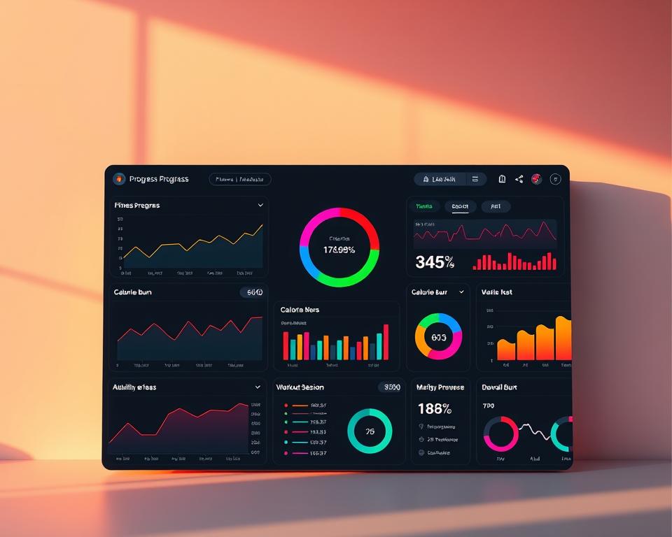 A vibrant and dynamic progress tracking dashboard, showcasing a variety of visualizations and metrics against a sleek, minimalist backdrop. The foreground features a series of line graphs, bar charts, and pie charts, each displaying the user's fitness progress, calorie burn, and workout session data. The middle ground contains a central circular progress indicator, visually reflecting the user's overall goal achievement. The background is a soft, gradient-based color scheme, creating a clean and modern aesthetic. Warm, directional lighting casts subtle shadows, enhancing the depth and clarity of the displayed information. The overall mood is one of empowerment, motivation, and a sense of personal accomplishment.