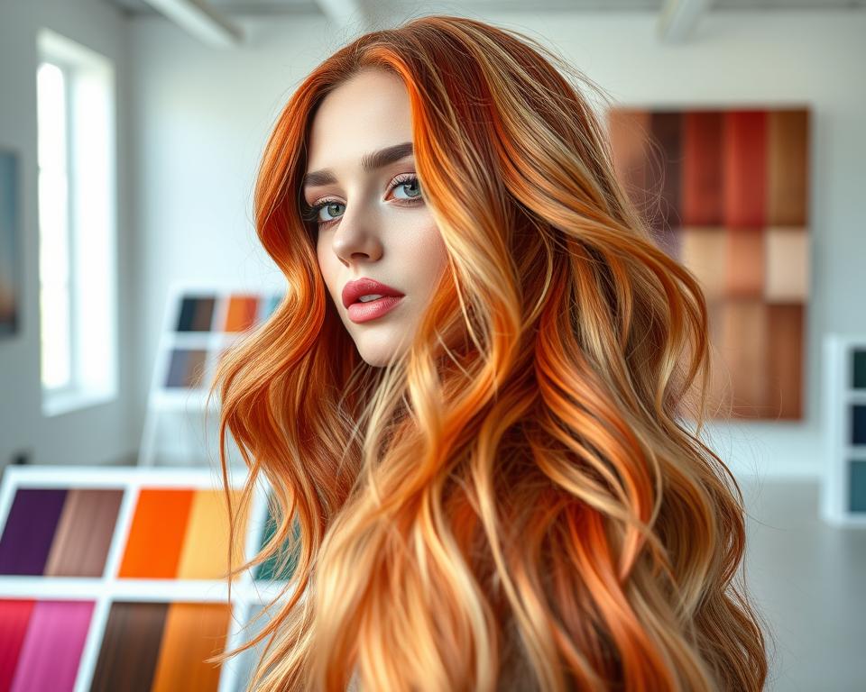 A vibrant and trendy hair color palette, showcasing the latest fashion-forward hues. In the foreground, a model with lush, shimmering locks in a range of vivid shades, from fiery copper to cool ash blonde, complemented by soft, flattering lighting that accentuates the natural movement and texture of the hair. The middle ground features a diverse array of hair color swatches, each one a bold, eye-catching statement. In the background, a minimalist studio setting with clean, white walls and a subtle gradient backdrop, allowing the hair colors to take center stage and inspire the viewer's imagination. A vibrant and trendy hair color palette, showcasing the latest fashion-forward hues. In the foreground, a model with lush, shimmering locks in a range of vivid shades, from fiery copper to cool ash blonde, complemented by soft, flattering lighting that accentuates the natural movement and texture of the hair. The middle ground features a diverse array of hair color swatches, each one a bold, eye-catching statement. In the background, a minimalist studio setting with clean, white walls and a subtle gradient backdrop, allowing the hair colors to take center stage and inspire the viewer's imagination.