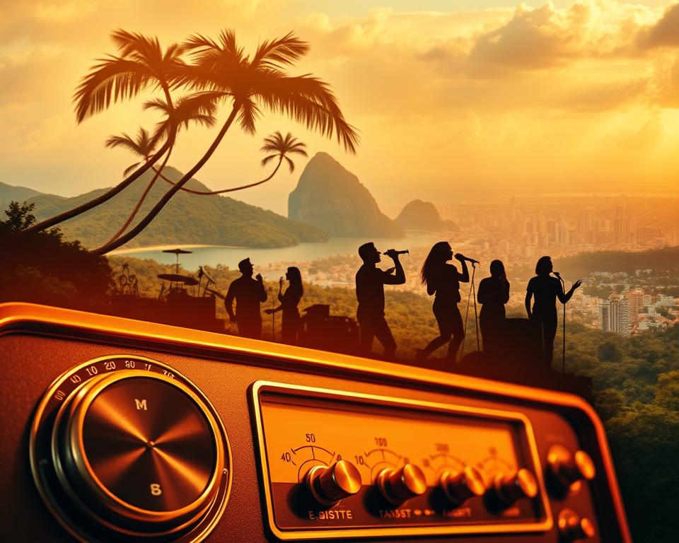 A vibrant collage showcasing the allure of vintage Brazilian radio broadcasts. In the foreground, a retro radio dial and dials evoke the warm analog sound of classic tunes. The middle ground features silhouettes of musicians and singers, hinting at the rich musical heritage. In the background, a hazy panorama of iconic Brazilian landscapes - lush rainforests, sprawling beaches, and vibrant cityscapes - creates a nostalgic, timeless atmosphere. Soft, golden lighting washes over the scene, evoking a sense of nostalgia and the charm of a bygone era. The overall composition strikes a balance between the technological and the natural, inviting the viewer to immerse themselves in the soulful embrace of Brazil's musical legacy.