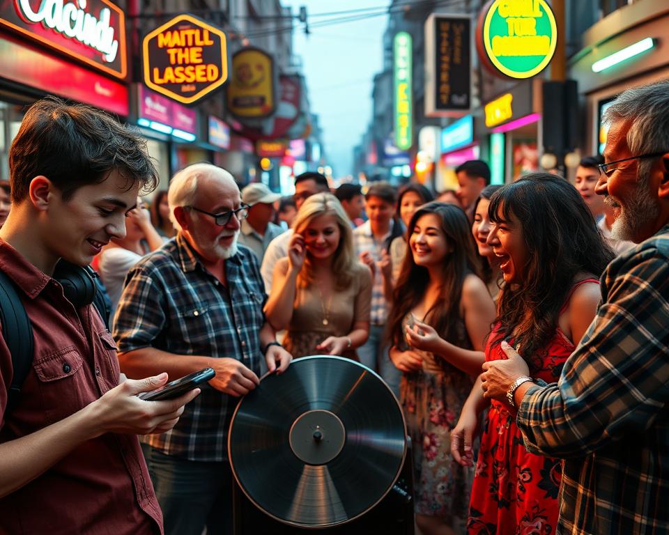 A vibrant, multi-generational scene of music lovers from different eras. In the foreground, a young person listening to music on a smartphone, while an elderly person beside them shares an old vinyl record. The middle ground features a diverse group of people of various ages, ethnicities, and styles, all gathered around a central sound system, dancing and singing together. The background showcases a lively city street, with neon signs, street musicians, and a sense of timeless musical culture. The lighting is warm and inviting, creating a sense of connection and shared experience across the generations. The composition emphasizes the universal language of music, bridging the gap between young and old.