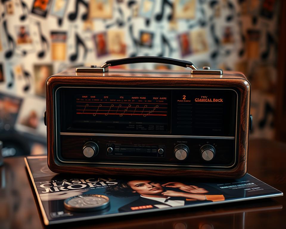 A vintage-inspired retro radio with a wood-paneled exterior, perched atop a classical rock album cover. Warm lighting casts a cozy glow, evoking the nostalgic ambiance of a 1970s living room. The radio's dials and knobs are meticulously detailed, hinting at its high-quality audio capabilities. In the background, a subtle pattern of musical notes or album artwork creates a sense of musical heritage. The overall composition conveys the timeless appeal of classic rock, ready to be discovered by today's music enthusiasts.