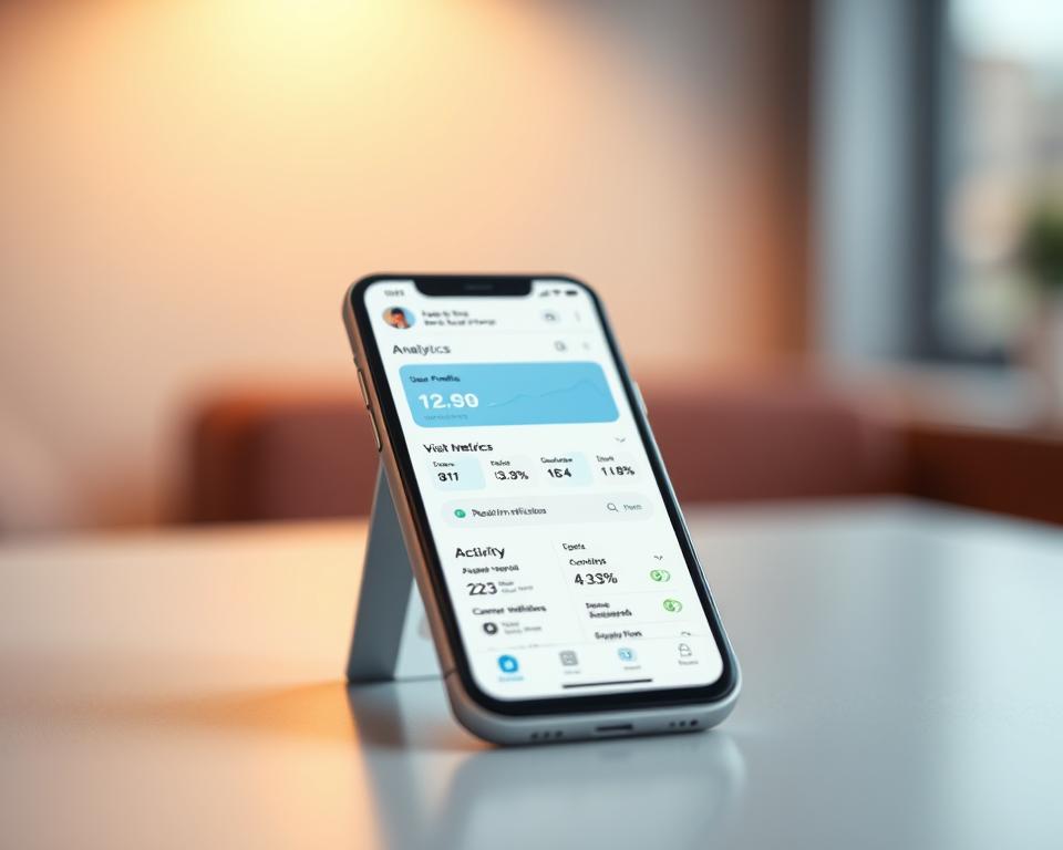 An elegant mobile app interface with a clean, minimalist design. In the foreground, a smartphone screen displays a detailed analytics dashboard, showcasing user profile visit metrics, activity insights, and real-time notifications. The interface utilizes a soothing blue-and-white color scheme, with intuitive icons and clear data visualizations. In the middle ground, a sleek smartphone model rests on a flat surface, surrounded by a subtle blur effect. The background features a soft, out-of-focus gradient, creating a sense of depth and emphasizing the app's seamless, high-tech aesthetic. Warm, indirect lighting casts a gentle glow, enhancing the overall sophisticated and professional atmosphere.